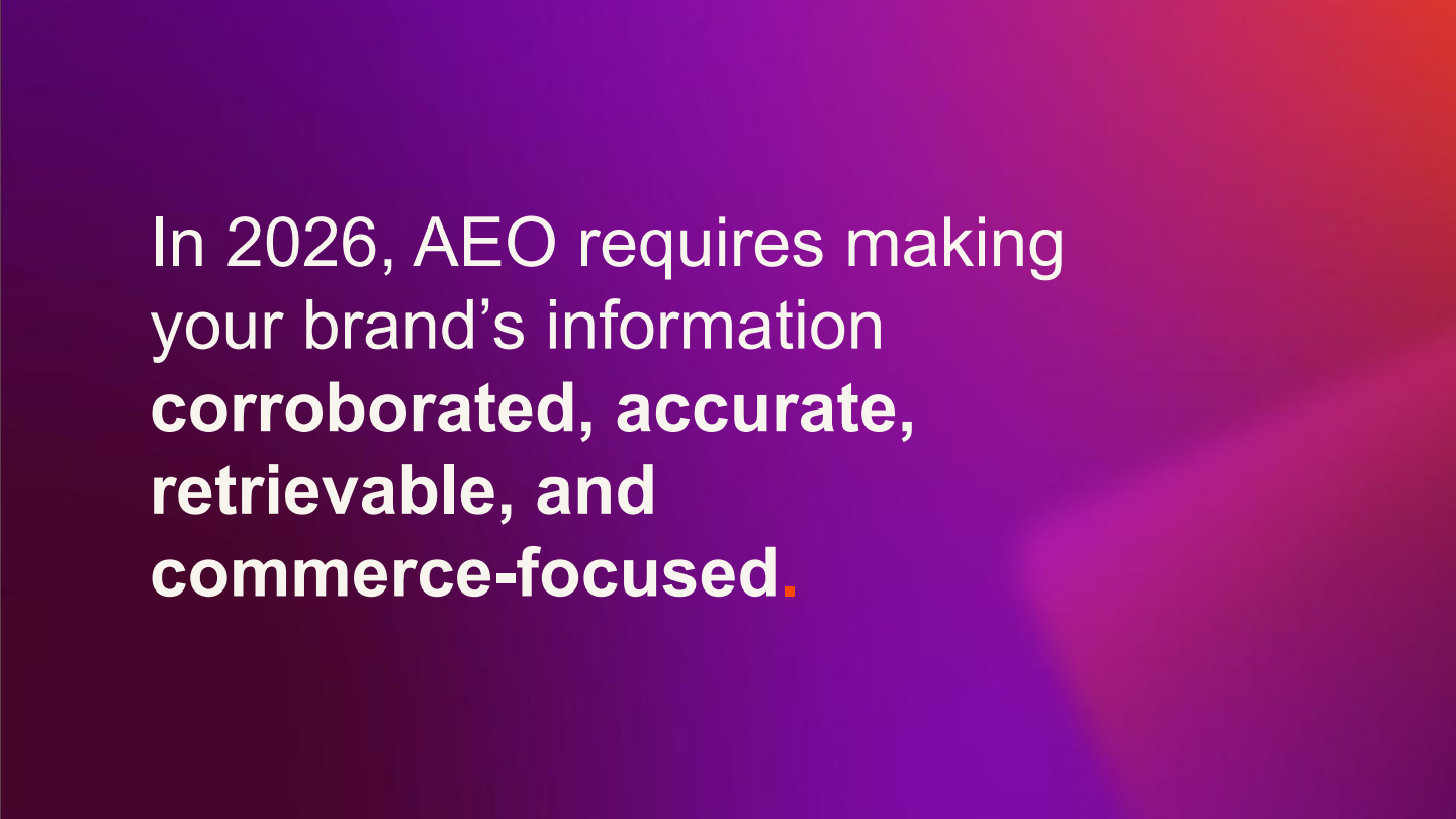 Slide stating that in 2026, AEO requires making your brand's information corroborated, accurate, retrievable and commerce-focused