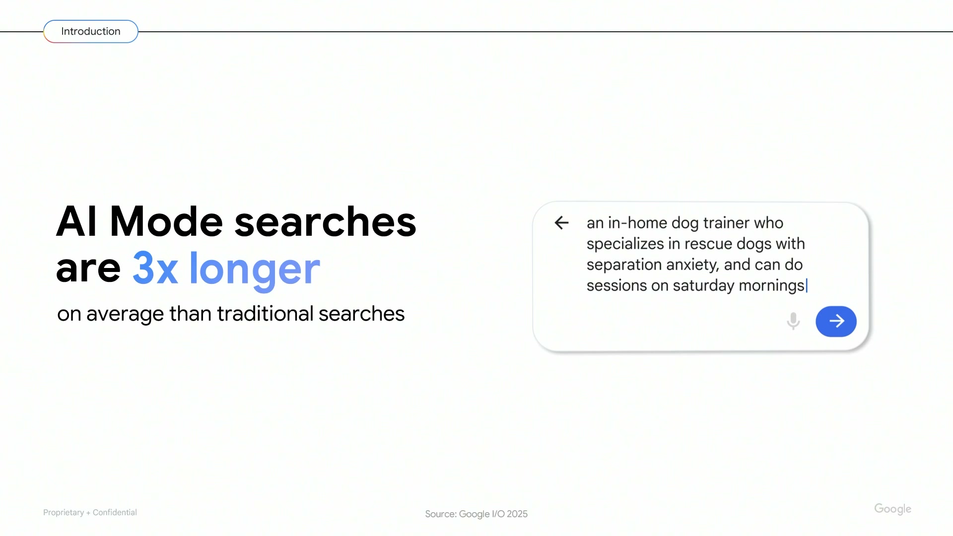 Presentation slide reading: AI Mode searches are 3x longer on average than traditional searches
