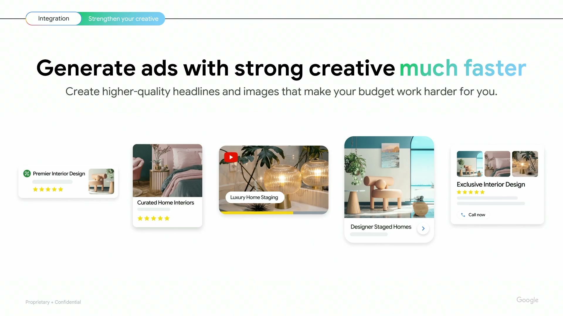 Slide with the headline Generate ads with strong creative much faster