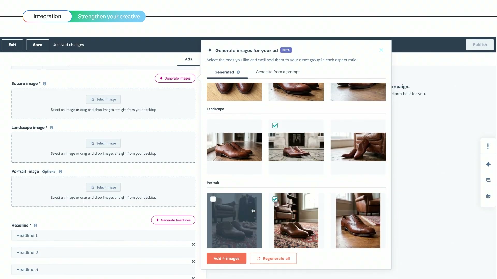 Screenshot of an ad creative interface showing a modal titled Generate images for your ad with generated image options