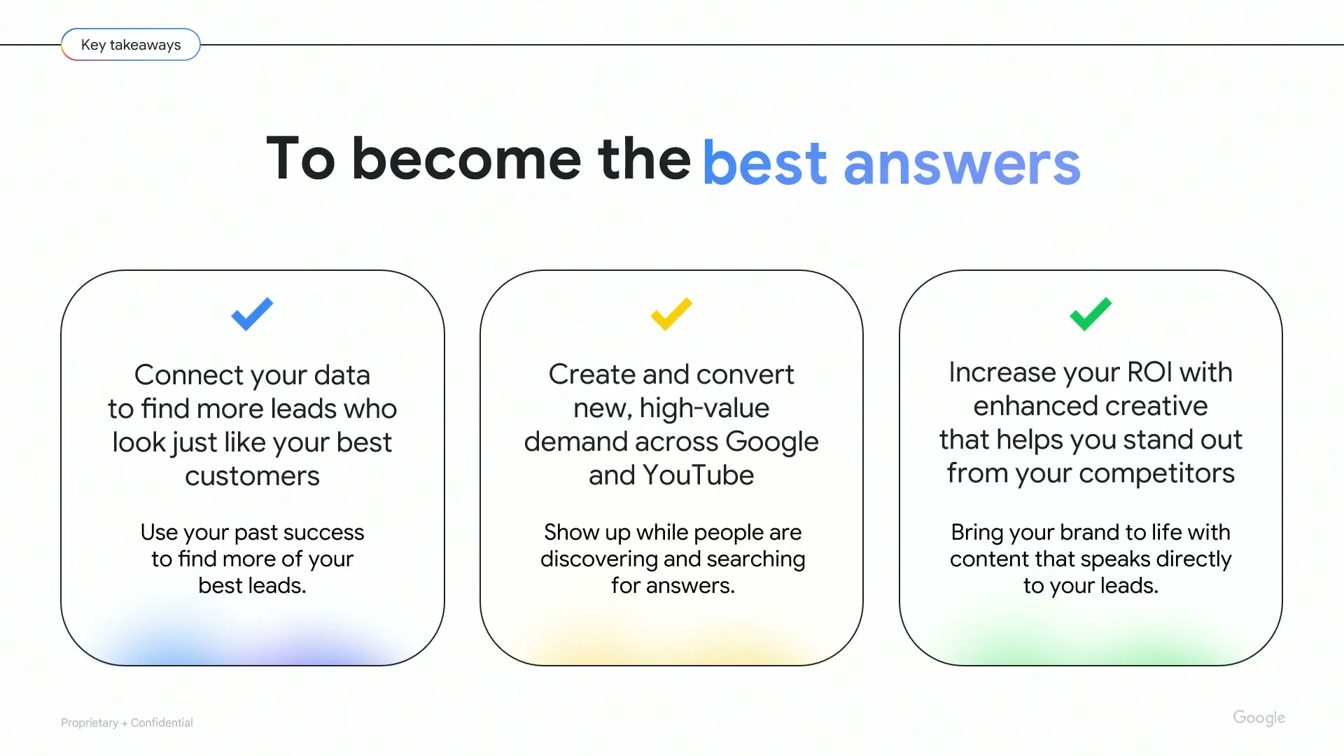 Closing slide titled To become the best answers, showing three horizontally arranged boxes with checkmark icons and short headings