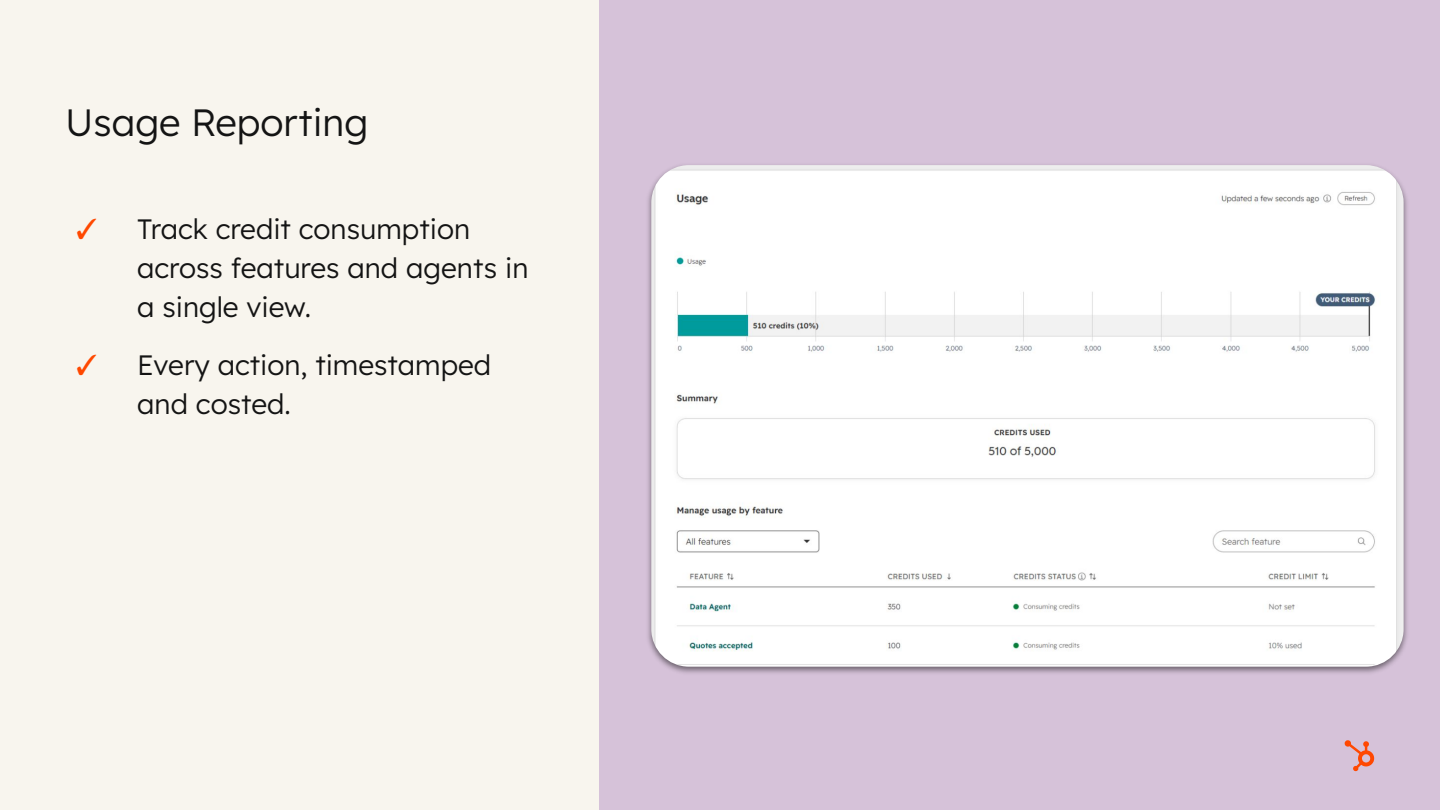 Slide titled 'Usage Reporting' showing a usage dashboard screenshot alongside two summary bullet points.
